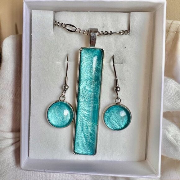 Blue Necklace & Earring Gift Set, Handmade Blue Jewelry, Stainless Steel, Glass - Picture 5 of 9